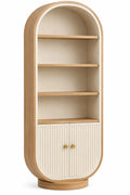 Bibliothèque ovale verticale à étagères et portes cannelées, beige et blanc