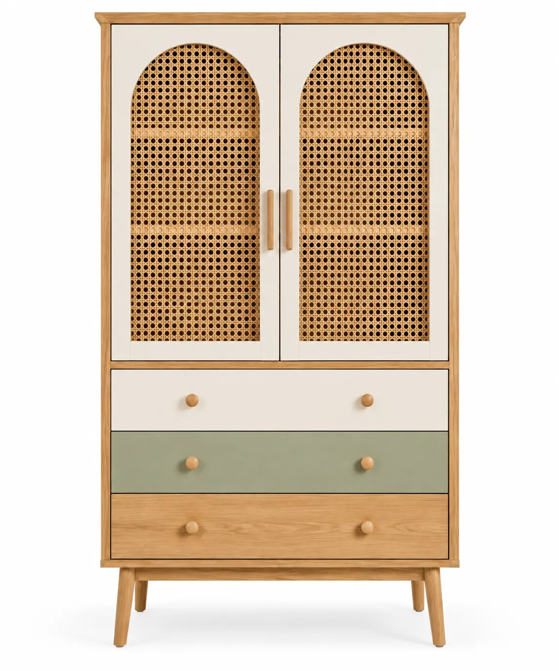 Armoire à portes ajourées et trois tiroirs colorés, blanc, vert et beige