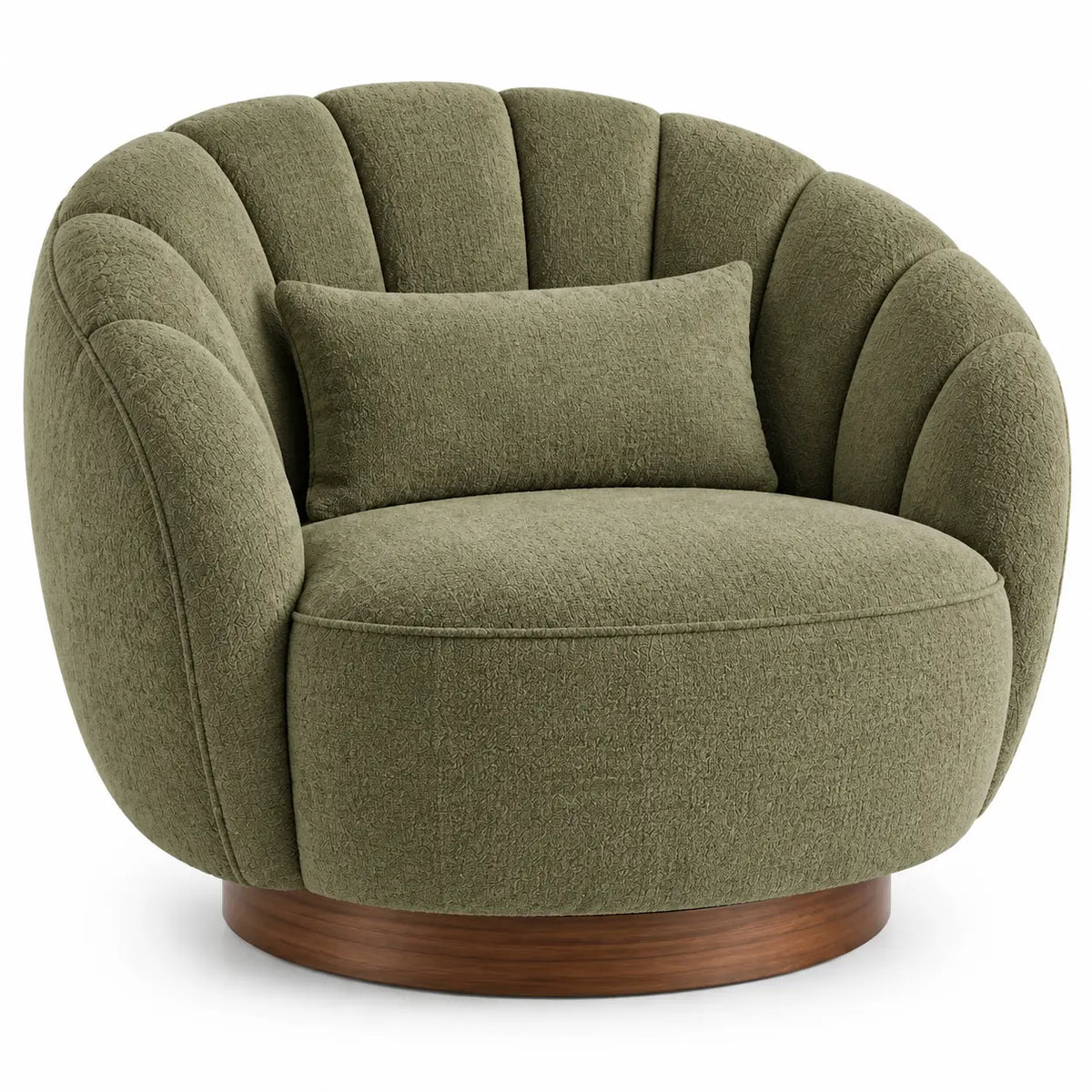 Fauteuil arrondi à dossier segmenté et socle marron, vert
