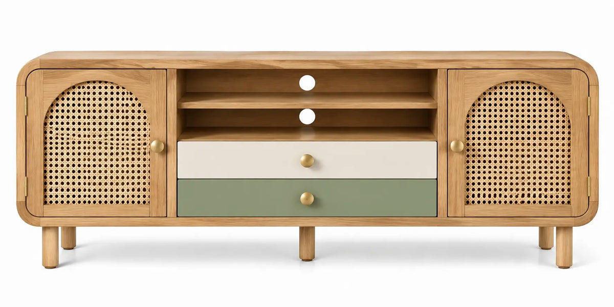 Meuble de télévision à portes ajourées et deux tiroirs colorés, beige et vert