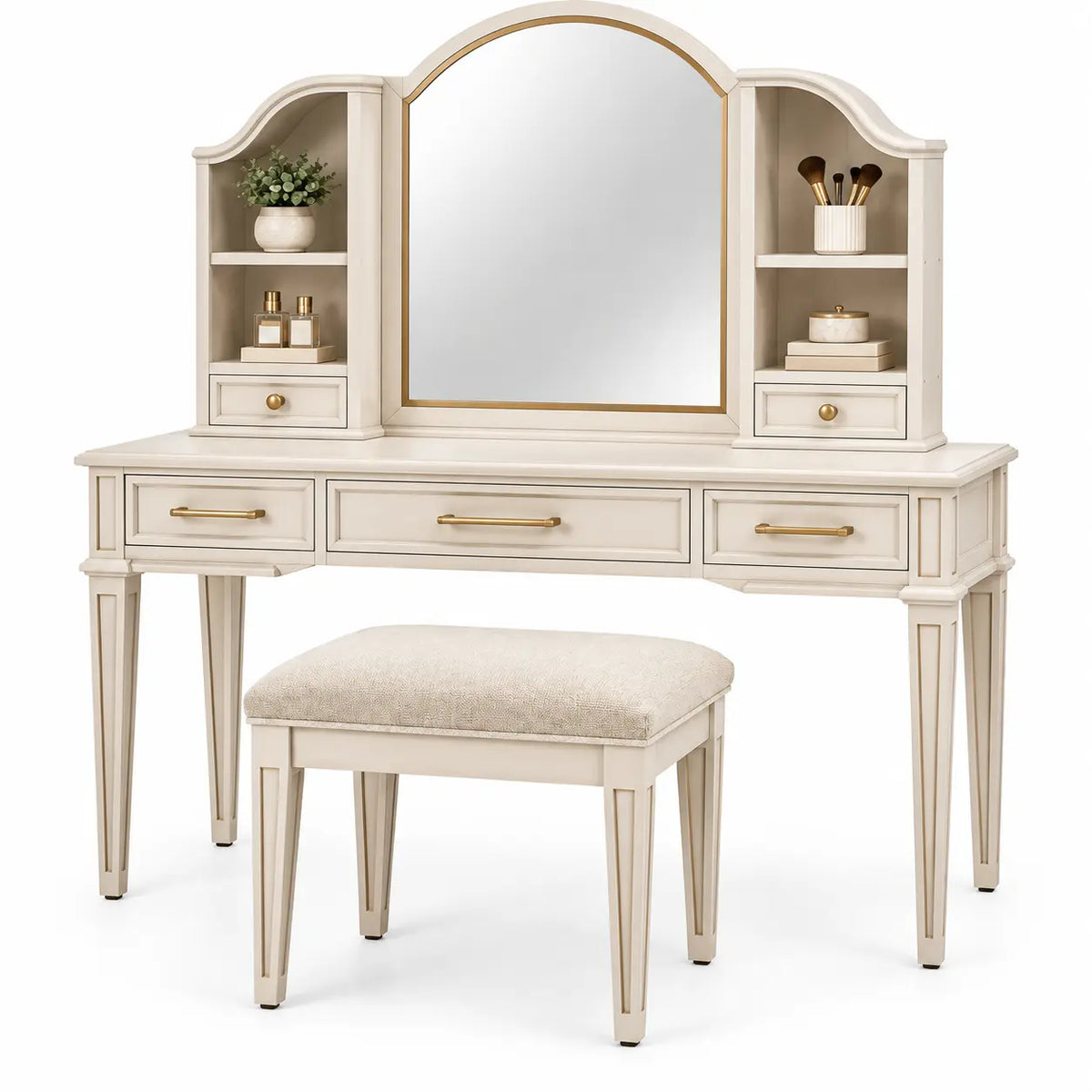 Coiffeuse à miroir cintré, niches latérales et tabouret, blanc cassé