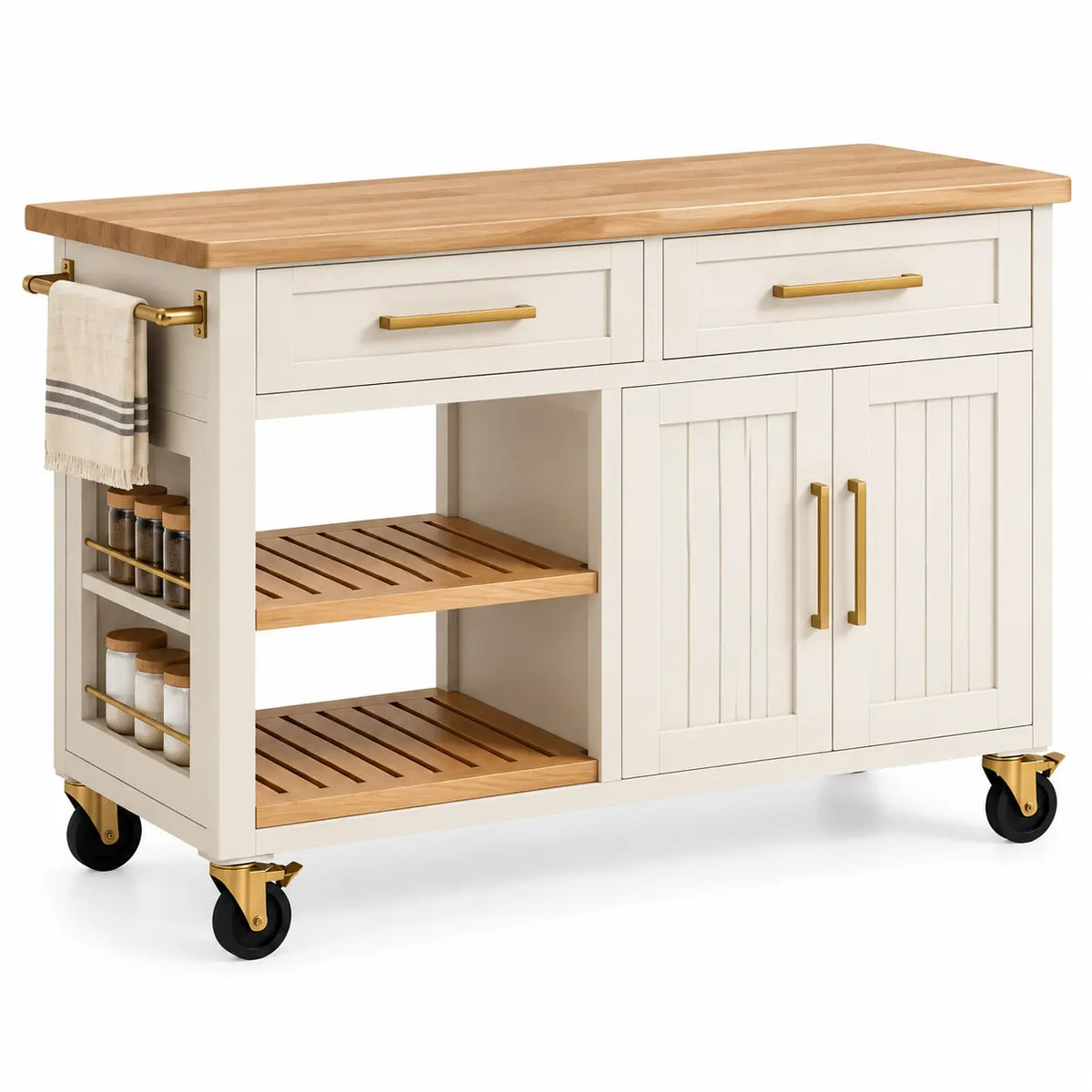 Desserte de cuisine sur roulettes à étagères et deux portes, blanc et beige