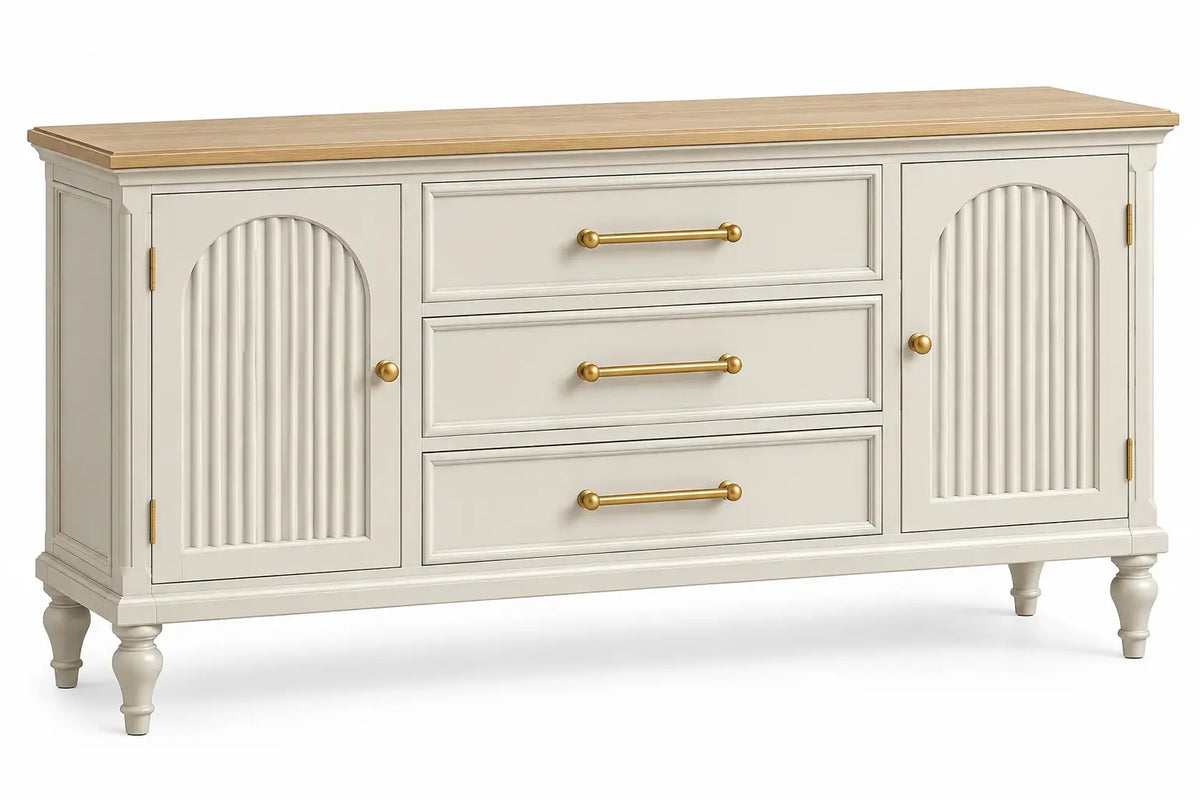 Buffet à portes rainurées cintrées et trois tiroirs, blanc et beige