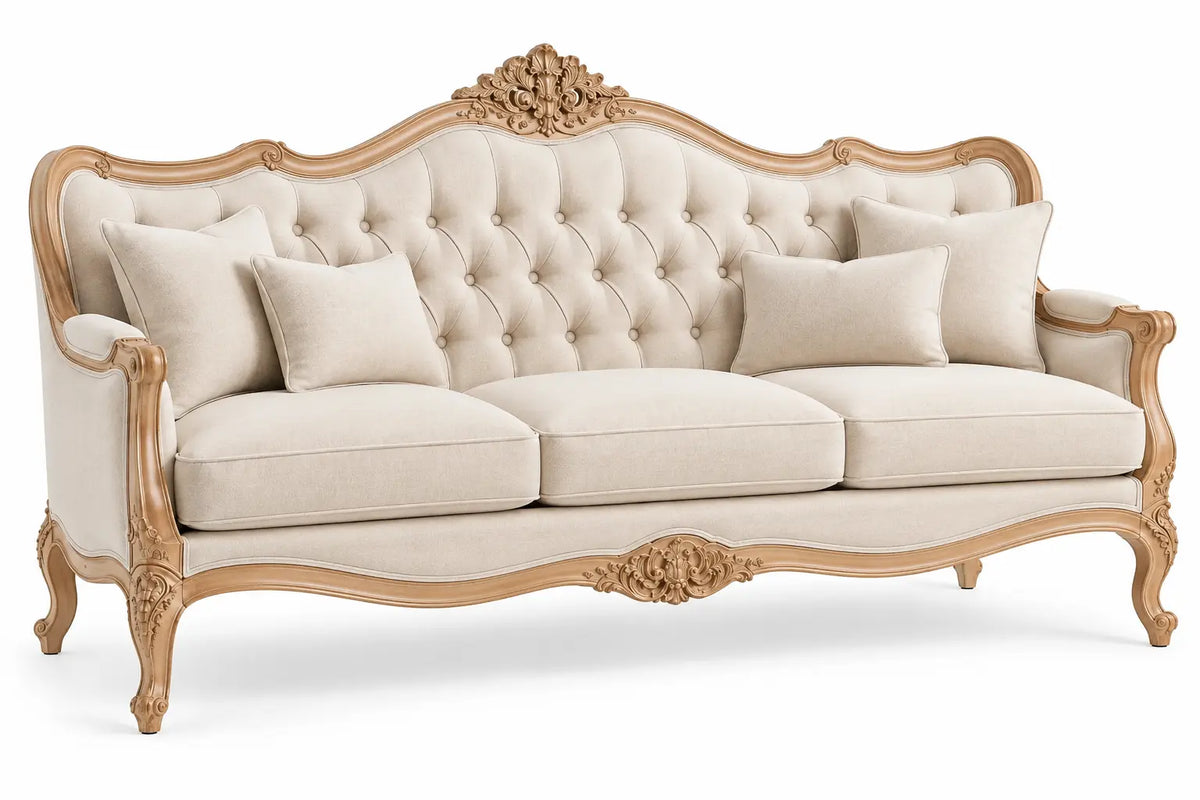 Canapé capitonné à encadrement sculpté et pieds galbés, beige
