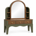 Coiffeuse à miroir cintré, niches latérales et trois tiroirs, vert et marron