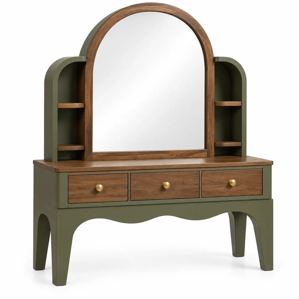 Coiffeuse à miroir cintré, niches latérales et trois tiroirs, vert et marron
