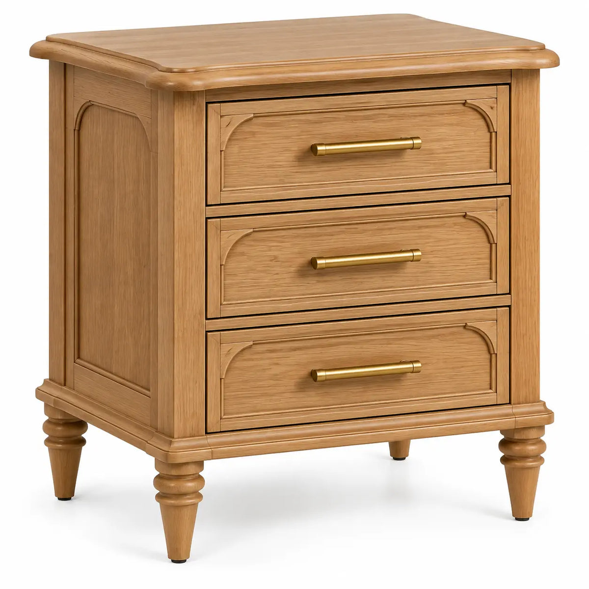 Table de chevet à trois tiroirs moulurés et pieds tournés, beige