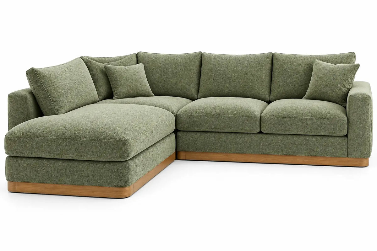 Canapé d'angle à large méridienne gauche et base beige, vert