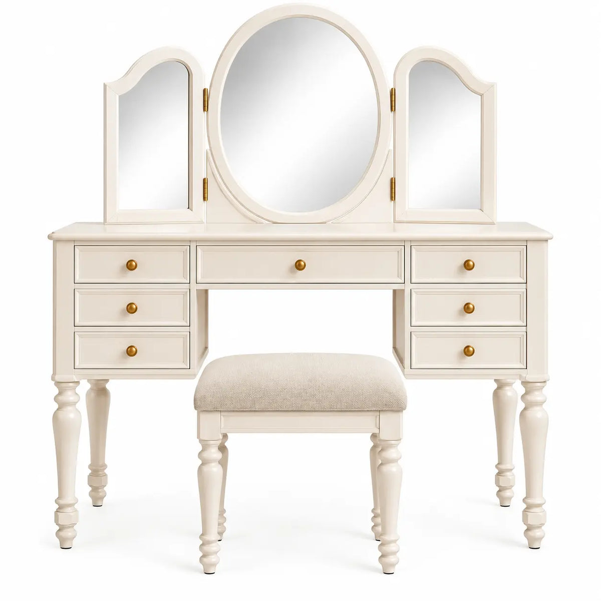 Coiffeuse à miroir triptyque ovale et tabouret rembourré, blanc