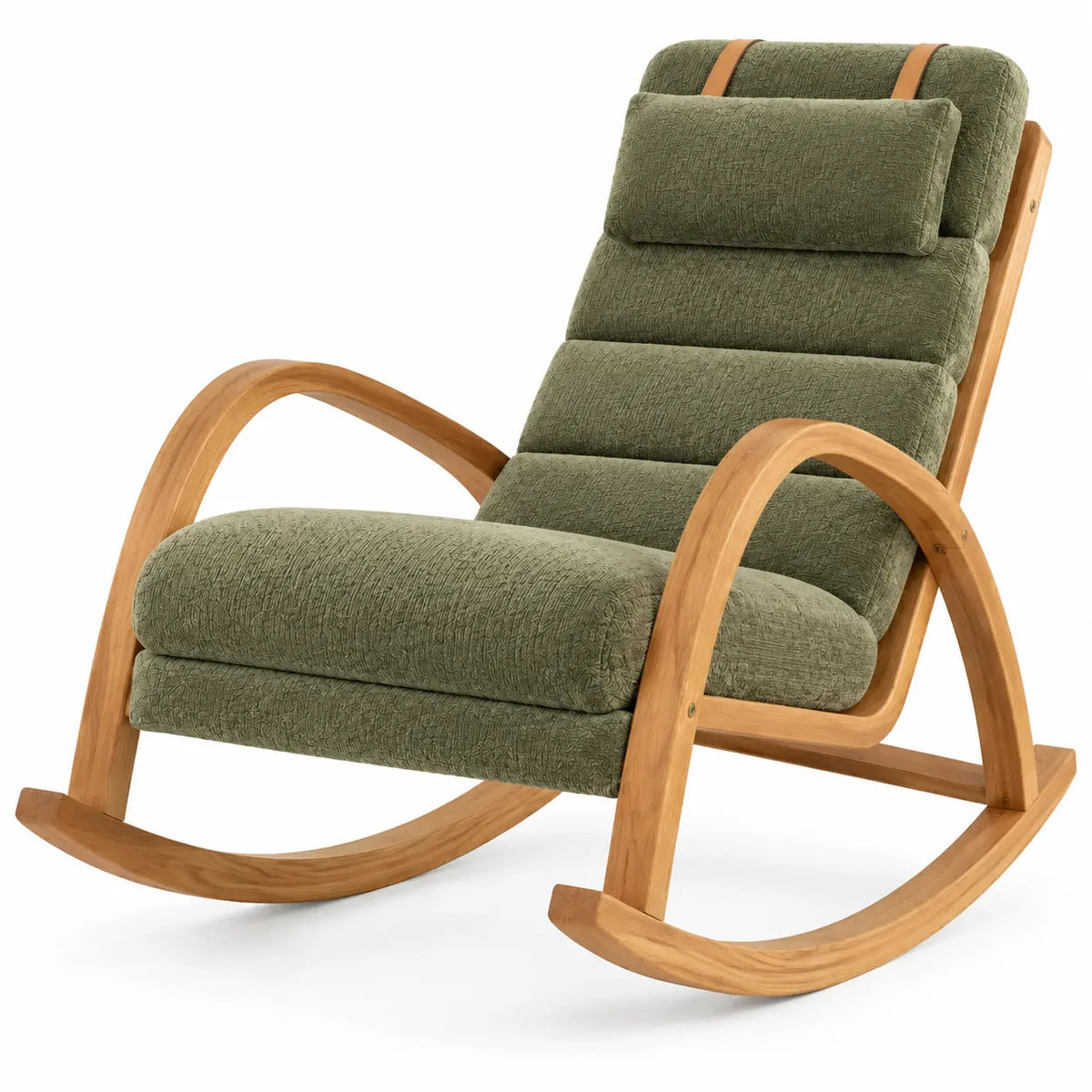 Fauteuil à bascule à accoudoirs arqués et dossier segmenté, vert et beige