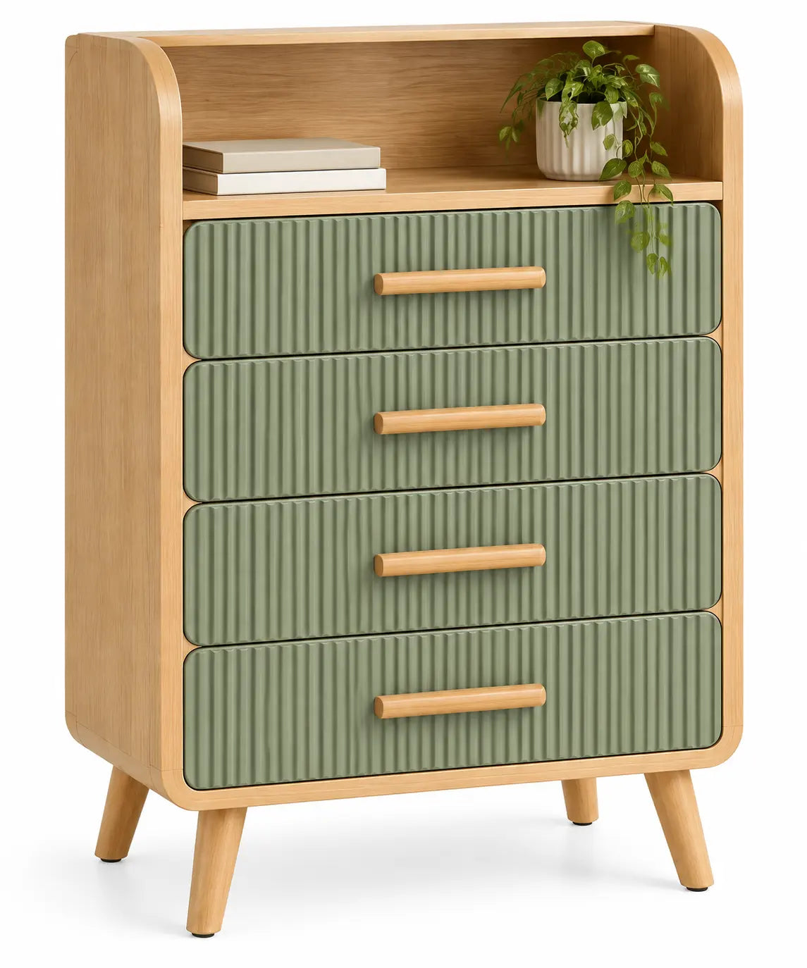 Chiffonnier à niche ouverte et quatre tiroirs cannelés, vert et beige