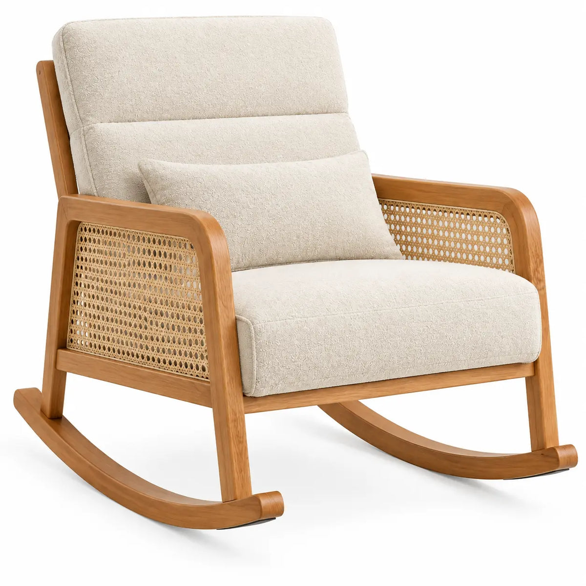 Fauteuil à bascule à côtés ajourés et coussins clairs, beige