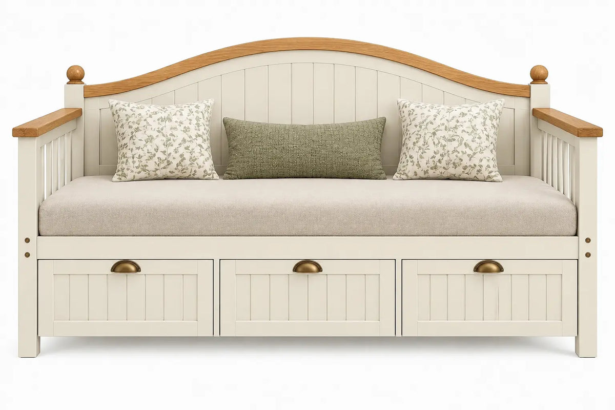 Banquette à dossier cintré et trois tiroirs, blanc et beige