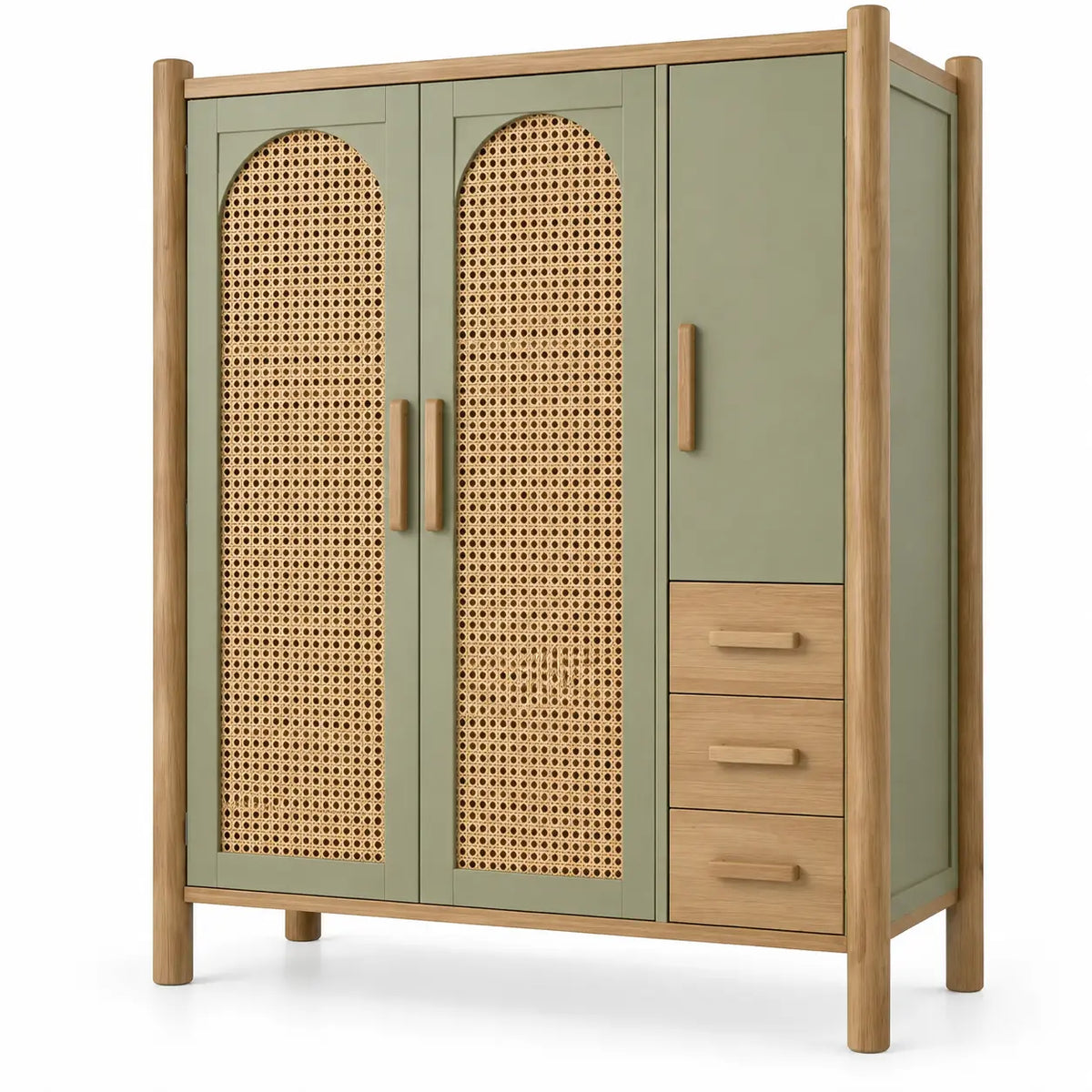 Armoire à portes ajourées, porte latérale et trois tiroirs, vert et beige