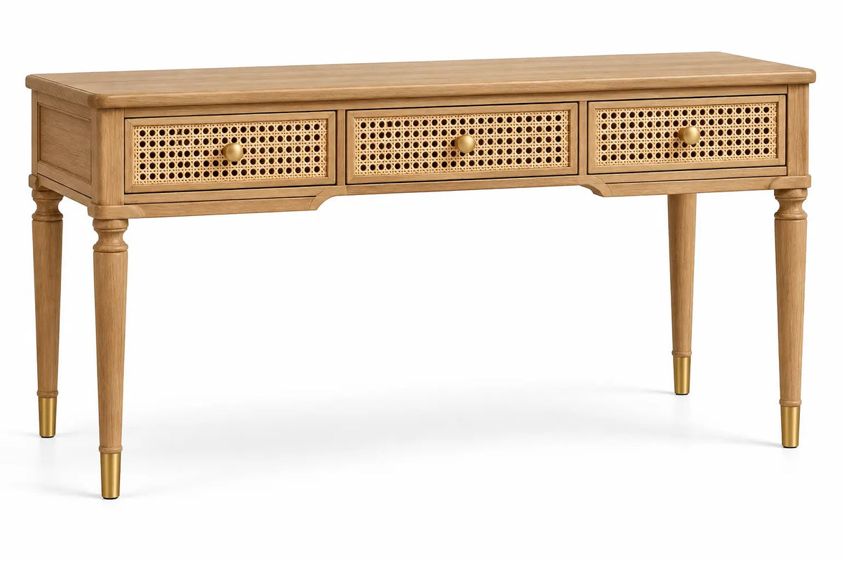 Console à trois tiroirs ajourés et pieds fins, beige